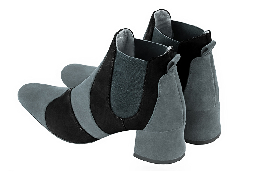 Dove grey and matt black women's ankle boots, with elastics. Round toe. Low flare heels. Rear view - Florence KOOIJMAN
